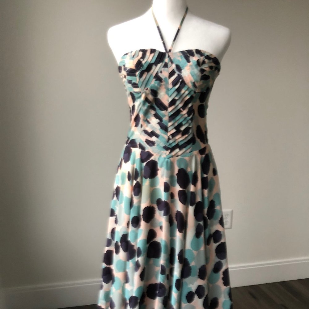 Reiss. Vintage 2005. Midi halter neck patterned silk dress. US 4